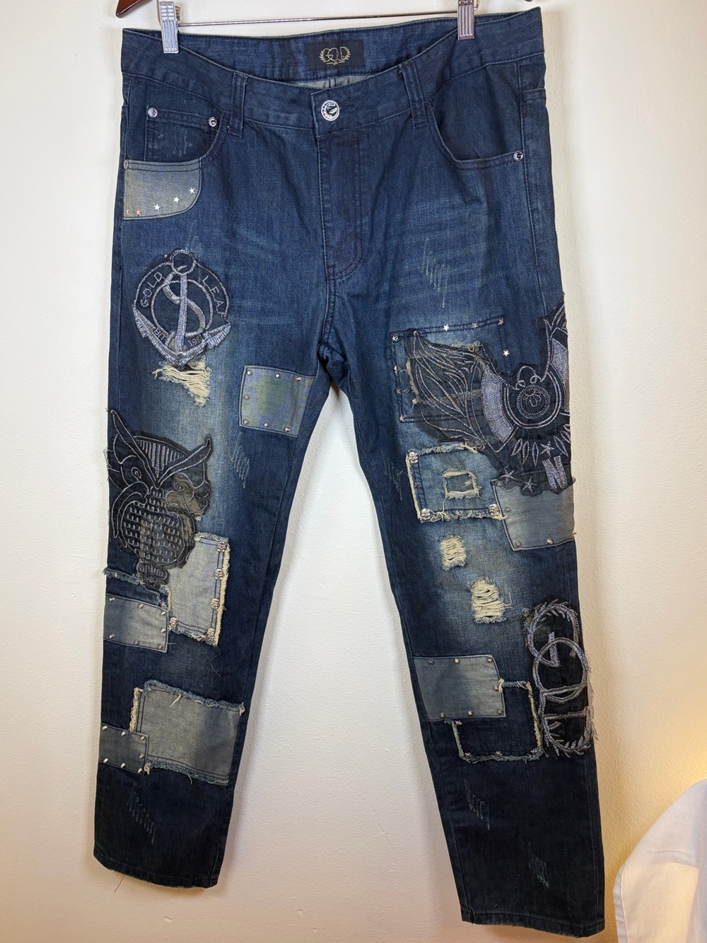 Gold Leaf Y2K Patchwork Jeans Mens 38 Embroidered Distressed Streetwear Denim
